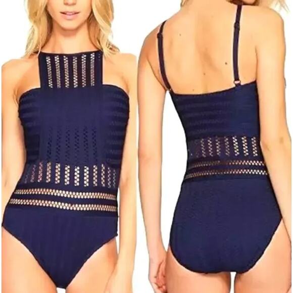 NWT Kenneth Cole Navy Tough Luxe High Neck One Piece Swimsuit Size Large - Picture 1 of 7